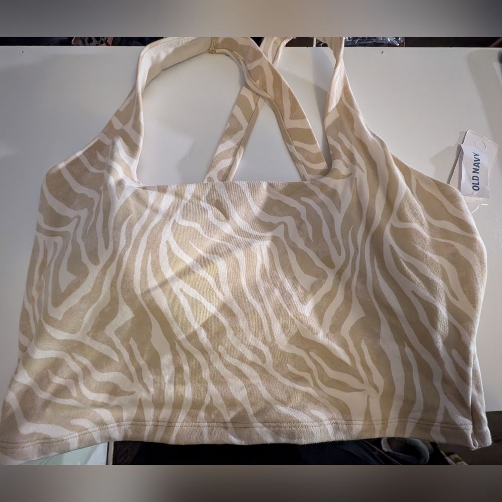 Old Navy Cream and Tan Zebra Print Halter Sports Bra
